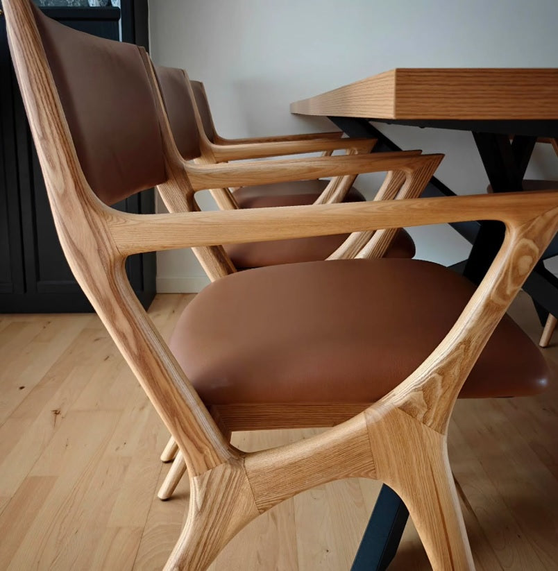 Spider Spisebordsstole (Naturlakeret & Cognacfarvet læder)